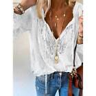 Summer Womens Lace V-Neck Long Sleeve Tops Blouse Ladies Casual Loose T-Shirt