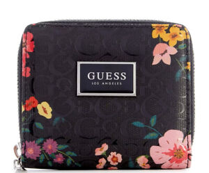 NEW GUESS Women's Logo Embossed Floral Small Zip Around Wallet Bag - Black