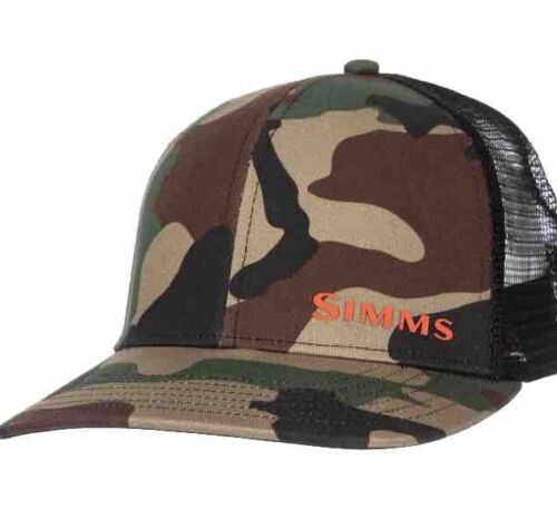 Simms Fishing Woodland Camo Trucker Hat Mid Crown Snapback NWT