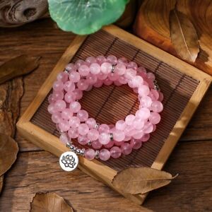 108 Mala Beads Rose Quartz Crystal Beaded Lotus Pendant Necklace Love Healing