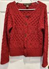 Aran Sweater Inis Crafts Cable Cardigan 100% Wool Red Irish Fisherman Medium