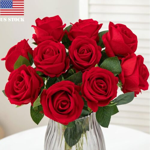 20Pcs Red Silk Roses Artificial Flowers Realistic Bouquet Home Decor valentine