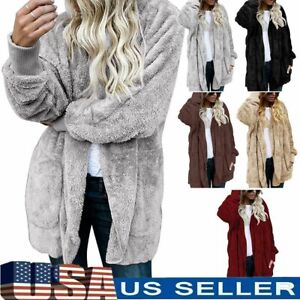 Womens Long Sleeve Fleece Fluffy Cardigan Sweater Pocket Coat Jacket Oversized