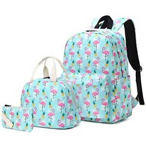 Flamingo Girls School Backpack Set, Kids Teens School Bag Flamingo Green