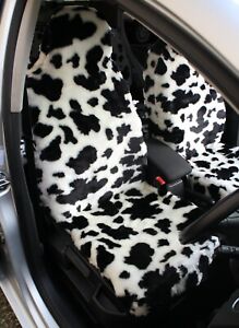 COW PRINT LUXURY FAUX FUR CAR SEAT COVERS - FRONT PAIR- UNIVERSAL FIT