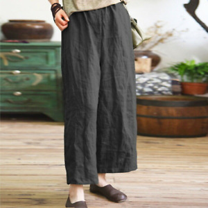 Women Cotton Linen Pants Comfort Flax Loose Cropped Casual Trousers Size new