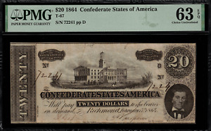 T-67 $20 1864 Confederate Currency CSA - Graded PMG 63 EPQ - Choice Uncirculated