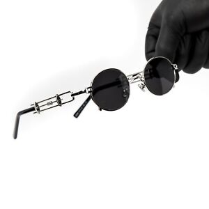 Dark Black Tint Round Silver Frame Vintage Hip Hop Mens Retro Summer Sunglasses