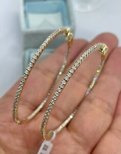 Real Moissanite 3Ct Round Cut Large Hoop Earrings 14K Yellow Gold Plated Silver