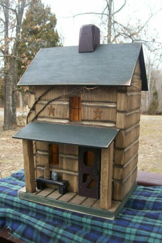 Log Cabin , Lighted House , Primitive Birdhouse , Rustic Birdhouse , Farmhouse