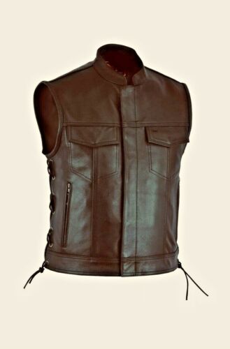 SOA Men's Motorcycle Club Leather Vest Concealed Carry Arms Solid