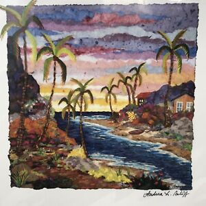 Andrea Beloff Secret Beach Colorful Tropical Scene Art Print 2008 7.25