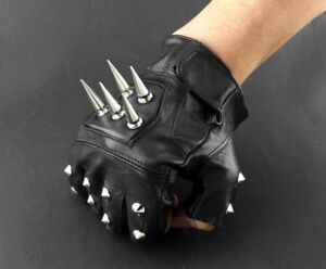 Mens Leather Spike stud Punk Rocker Driving Motorcycle Biker Fingerless Gloves