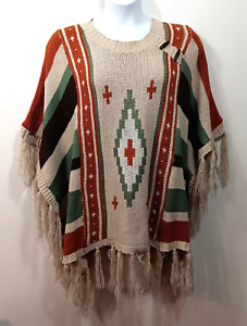 Vintage Poncho Aztec Southwest Basico Simplewear Shawl One Size Fringe Knit