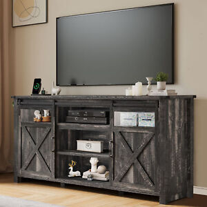 Farmhouse TV Stand for 75 Inch TV Console Table with Sliding Door & Power Outlet