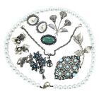 Lot Vintage Silver Pewter Tone Rodium Tone Blue Cabochons Jewelry Incl Sterling