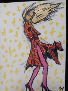 ACEO INK & Graphite Acryl Drawing Woman Hair Blown in the Wind Artwork Miniature