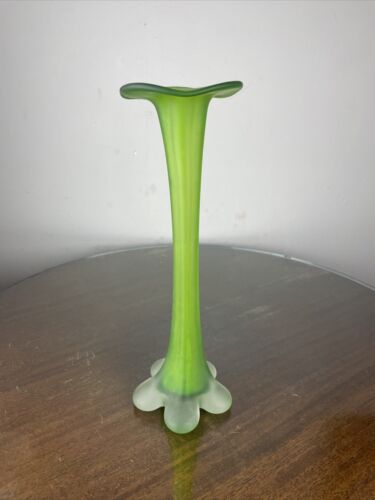 Vintage Frosted Green Tall Art Glass Vase Tulip Shape Clear Bottom 12” tall