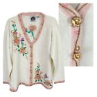 STORYBOOK KNITS Pink Roses Buttons CARDIGAN SWEATER 1X Gold Metallic Beaded