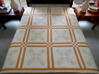 New ListingVintage 2 Color Orange & White Hand Embroidered FLORAL Quilt, Nine Patch Squares