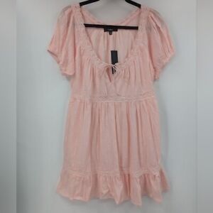 NWT LULU'S Dress Womens Medium Med M Pink Crochet Tie Neck Dot Babydoll
