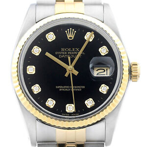 Rolex Mens Datejust 16013 18K Gold Steel Black Diamond Dial Watch w/ Rolex Band