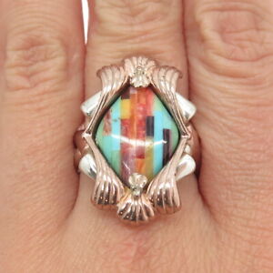 CAROLYN POLLACK Old Pawn Sterling Silver Vintage Multi-Gem Inlay Ring Size 10