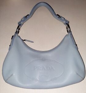 PRADA Small Shoulder Bag in Light Blue w/Silver Hardware. Leather/Nylon