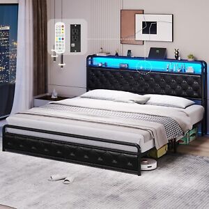 King Size Bed Frame with Built-in LED Light Headboard, Upholstered Platform Bed