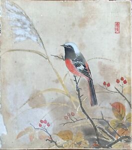 Japanese painting, hand-painted flowers and birds on silk,Late Meiji period