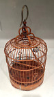 VTG. MID 20th CENTURY CHINESE BAMBOO/WOOD BIRD CAGE W/ PORCELAIN FEED CUPS MCM