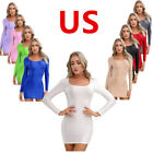 US Sexy Women's Dress Glossy Smooth Bodycon Club Long Sleeve Round Neck Pencil