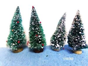 4 VINTAGE BOTTLE BRUSH CHRISTMAS VILLAGE TREES BLUE GREEN SNOW COVER WOOD BASE
