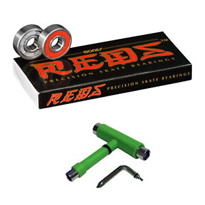 Bones Reds Skateboard Bearings 8mm Size 608 8 Pack + Spacers AND GREEN T-TOOL