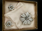 Vintage silver tone flower brooch earrings set rhinestones McCrory original box