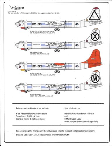 Warbird B-36 Peacemaker Decals 1/72 002, 4 Options