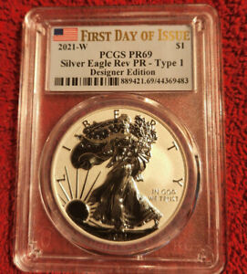 2021 w reverse proof silver eagle type 1 PCGS PR 69 first Day of Issue