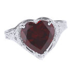 Filigree Solitaire Heart Ring Heart Cut Red Garnet 14K White Gold Plated Silver