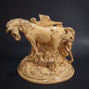 Horse & Dog Figural Planter Vase Western/American Vintage Yellow Ware? Gold Trim