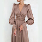 1940S Women Solid Silk Buttoned Tea Dress Long Sleeve Dress