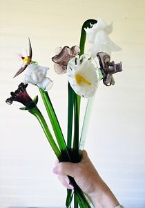 7 Pc Long Stem Glass Flower Bouquet Murano Style Art Lot 16” Hand-Blown