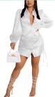 Women Casual Long Sleeve Button Down Shirts Mini Dress Sexy V Neck White Satin
