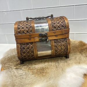 Old Wooden TREASURE CHEST BOX Trinket Metal & Wicker with Front Latch Handheld