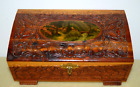 New ListingVintage Carved Wood Footed Cedar Box W/Mirror In Lid & IMAGE WOODS SCENE CABIN