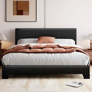 King Size Bed Frame with Adjustable Headboard, Faux Leather Platform Bed,Black