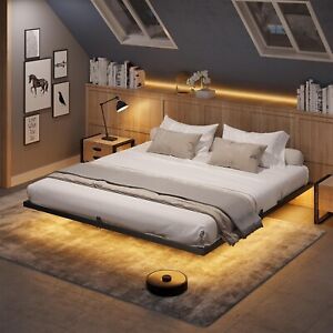 King Size Floating Bed Frame with LED Lights Metal Platform Bed Easy to Assemble