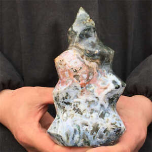 2.22lb Natural Ocean Jasper Quartz Carved Flame Skull Crystal Energy Reiki Decor