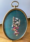 Pressed Dried Flowers Brass Oval Footed Frame Dome Glass Vintage Boho Cottage