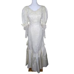 Vintage 80s Lace Wedding Dress Womens S White Bow Pearls Mutton Sleeves Trumpet