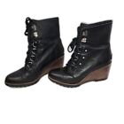 Sorel After Hours Black Leather Lace-up Wedge Boots Size 9.5
